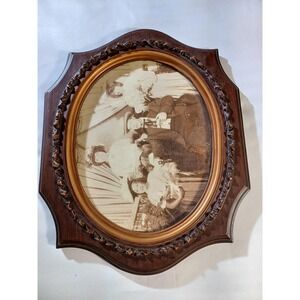Vintage Early 1900s Family Portrait Sepia Photograph Oval 11x14 Wood Frame